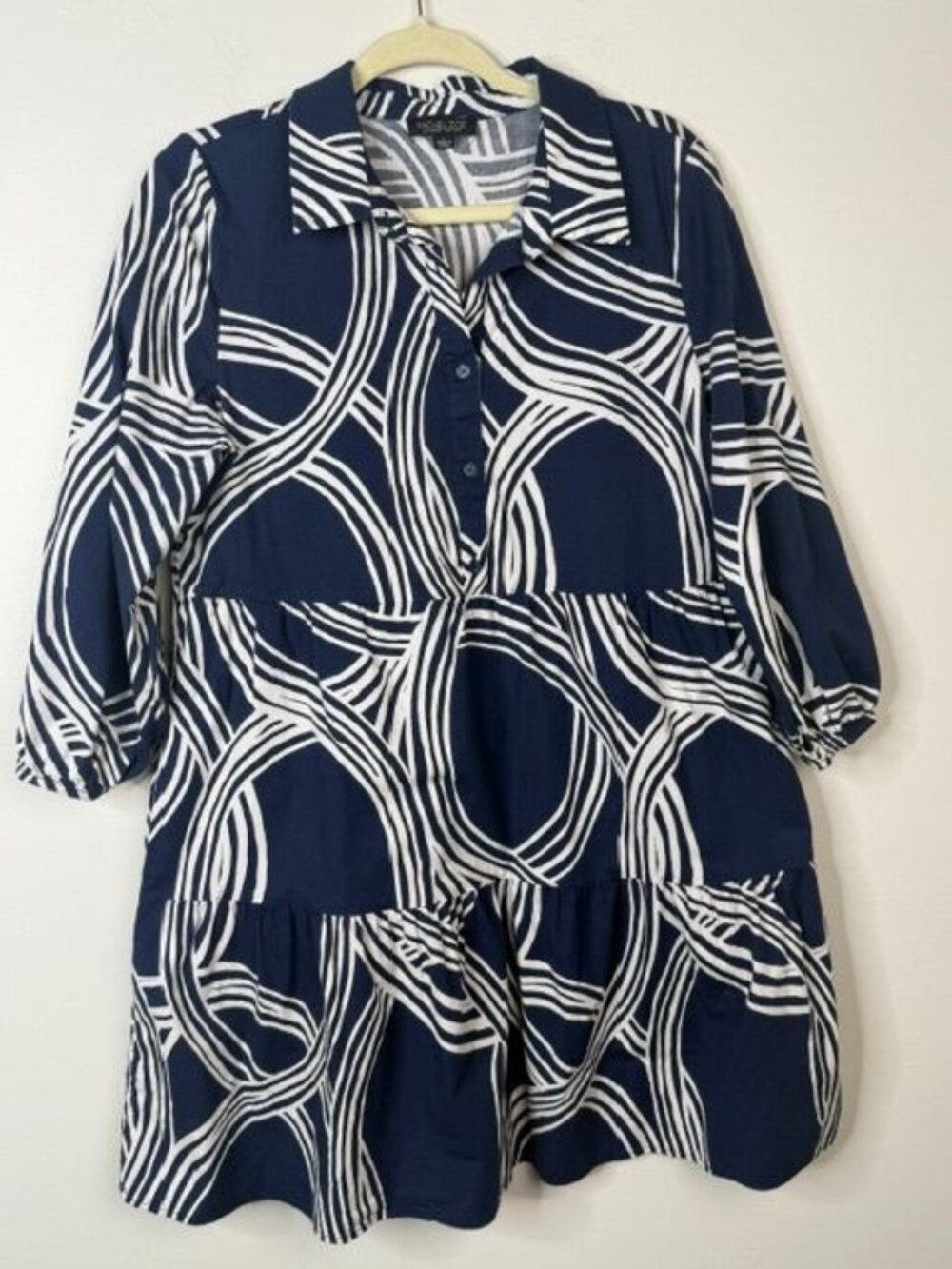 Rachel Zoe Women's Navy & White Geometric Shirt Dress w/ Pockets Size L - Picture 2 of 6